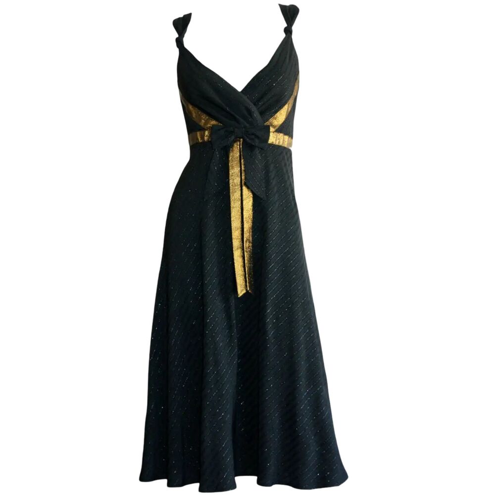 Marc Jacobs Metallic Bow Wrap Dress Black Gold Cocktail Party Midi Sz 6